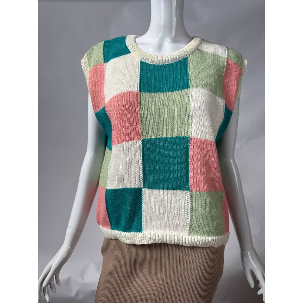 Checkered Sleeveless Knit Sweater Vest By &Merci In Pastel Pink/Green/Teal